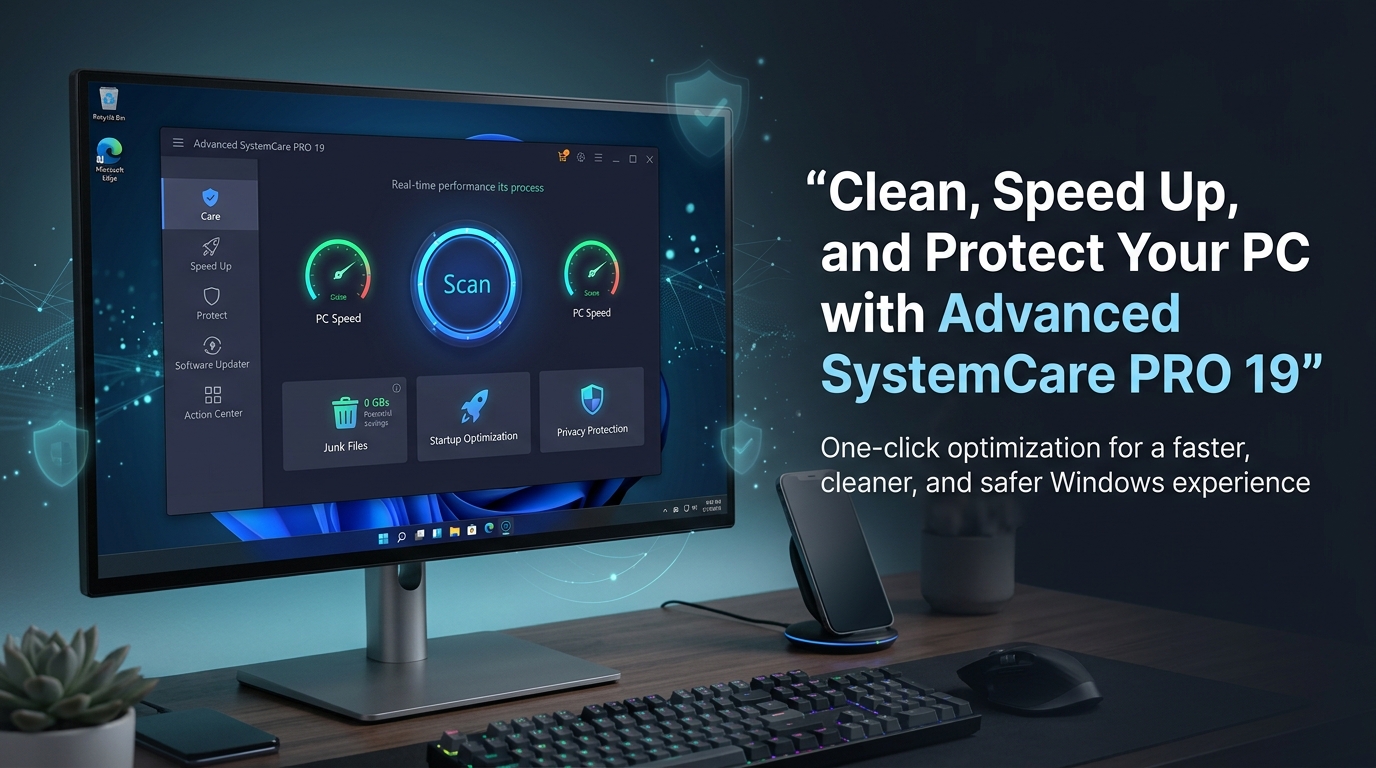 Create a premium, modern tech blog banner for Advanced SystemCare PRO 19 in English. Show a sleek Windows desktop interface with a PC optimization dashboard, blue and dark modern tech colors, glowing performance indicators, cleanup icons, privacy shield symbols, and a clean professional workspace. Include subtle visuals representing speed, junk cleaning, startup optimization, software updates, and privacy protection. Use a polished 16:9 landscape layout for a blog hero image. Add bold headline text: “Clean, Speed Up, and Protect Your PC with Advanced SystemCare PRO 19” and smaller subtext: “One-click optimization for a faster, cleaner, and safer Windows experience”. Make it modern, trustworthy, premium, and click-worthy.
